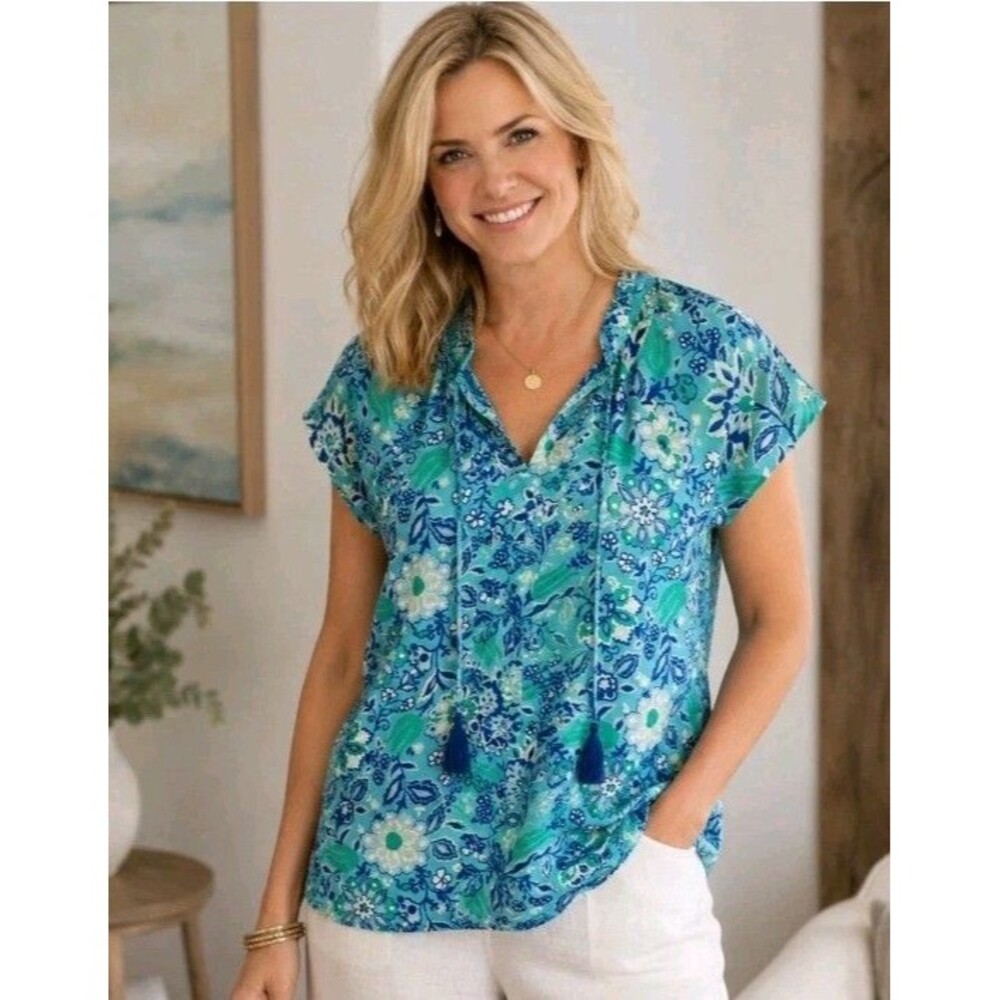Talbots Top Women S Ruffle Trim Turquoise Blue Tropics Floral Blouse Beach Coast